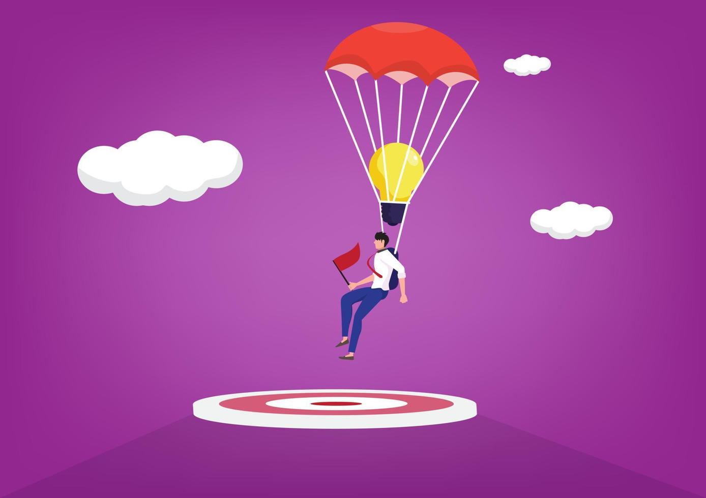 Businessman flying with a parachute in the sky, he is landing on the ground goal of success. according to business goals vector illustration