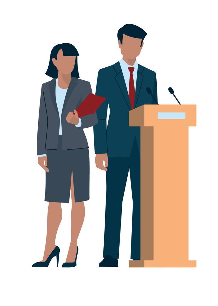 Business people. Man and woman in business suits with a folder. Public speaking from the podium. Official event. Office staff, worker. Vector image.