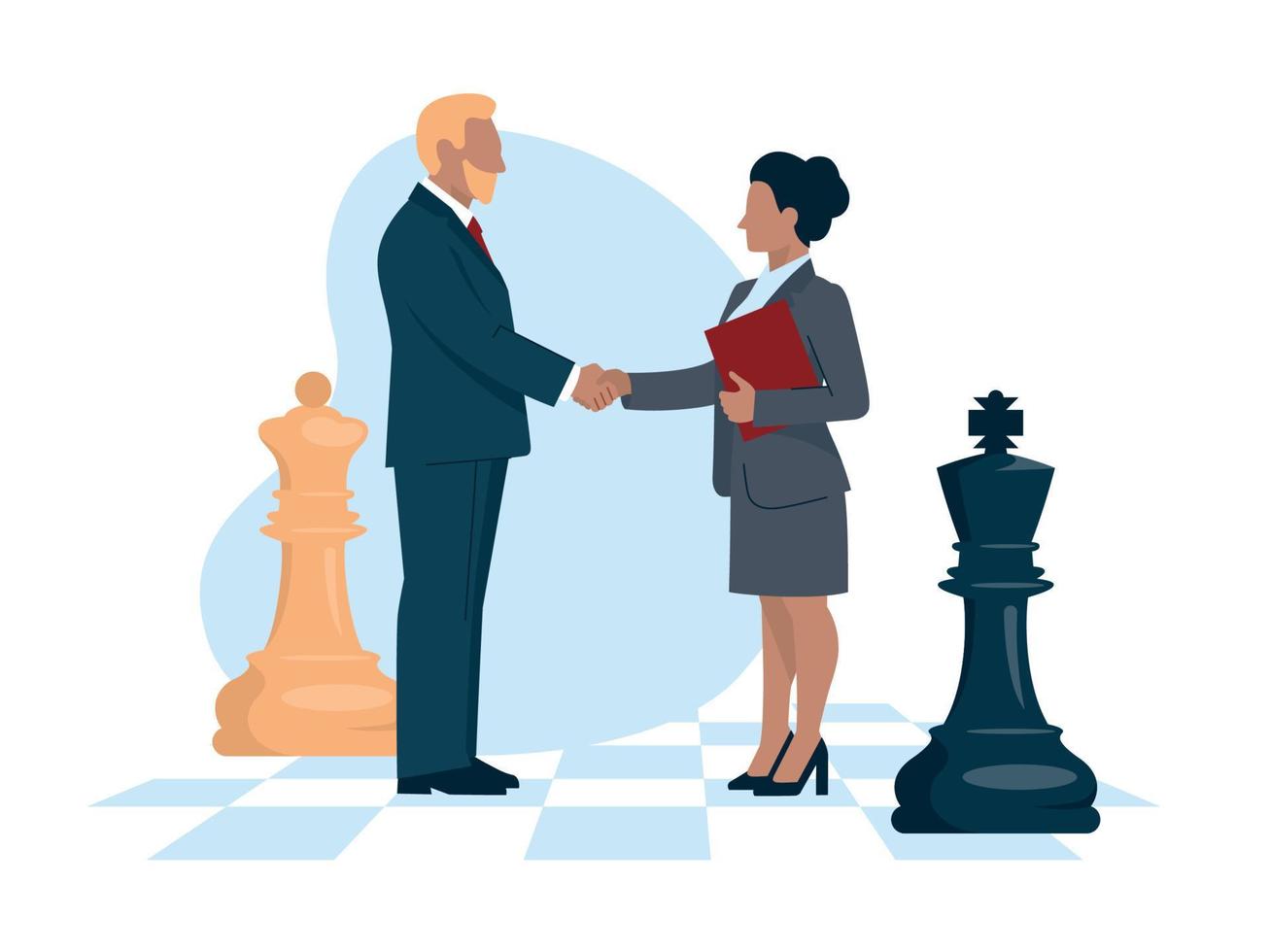 Strategy. Business people and chess stand on a chessboard. Man and woman in business suits shake hands. Office staff, worker, student, teacher. Vector image.