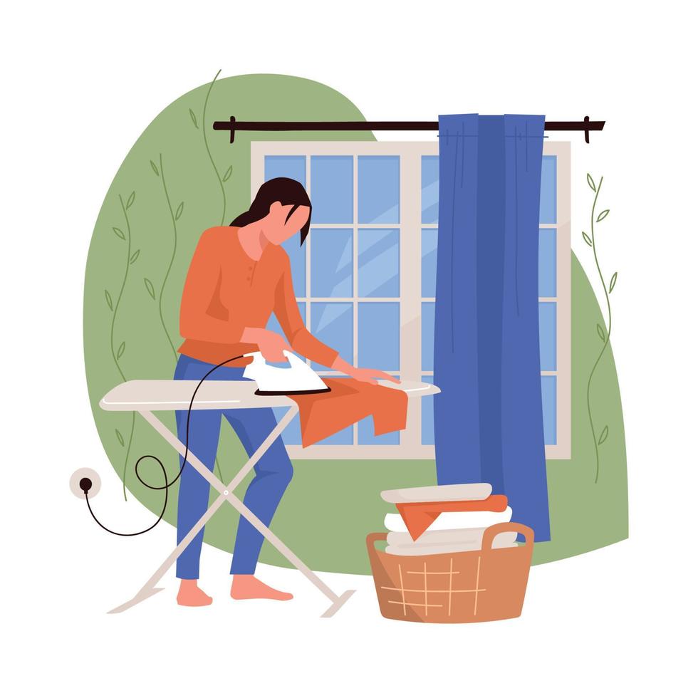 Household chores. The girl is doing household chores. Ironing clothes on an ironing board. Housewife woman. Vector image.