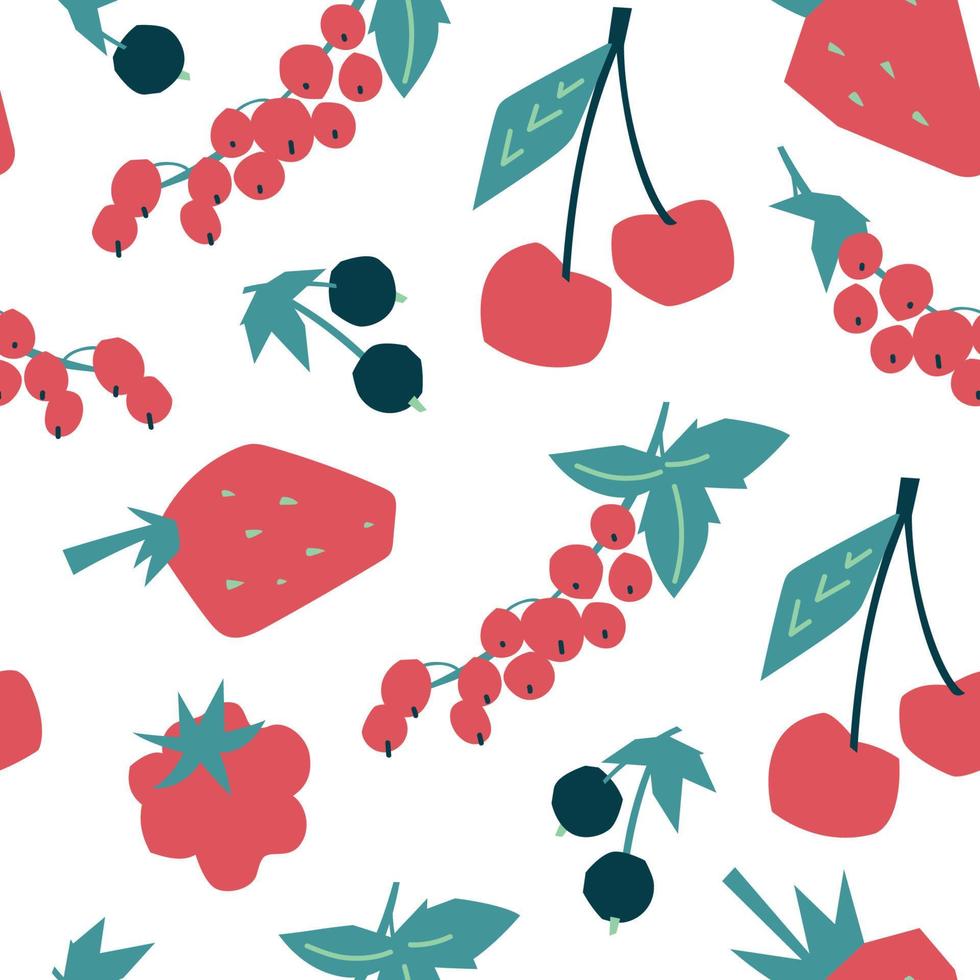 Summer fruits and berries. Seamless pattern. Cherry, currant, strawberry, sweet cherry. Vector image.