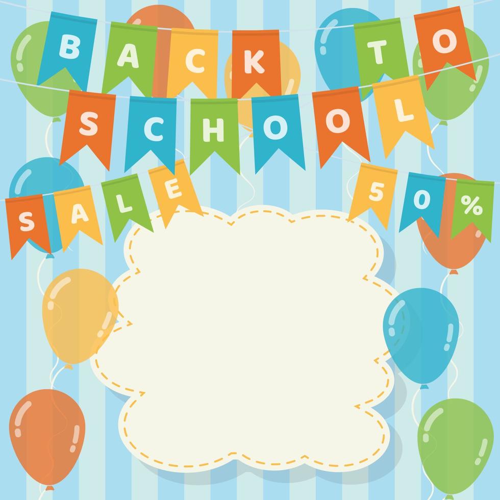 Back to school banner with hanging flag garlands, balloons and blank stitched cloud on blue strips background vector