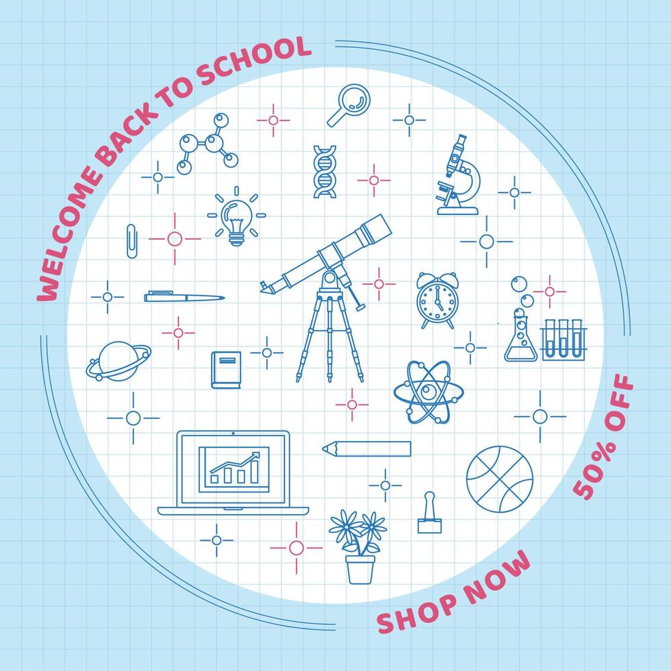 Back to school background with school elements in line art on grid paper vector