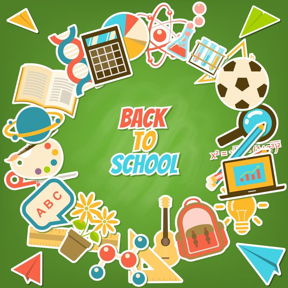 Back to school background surrounded by course and school element stickers on green blackboard vector