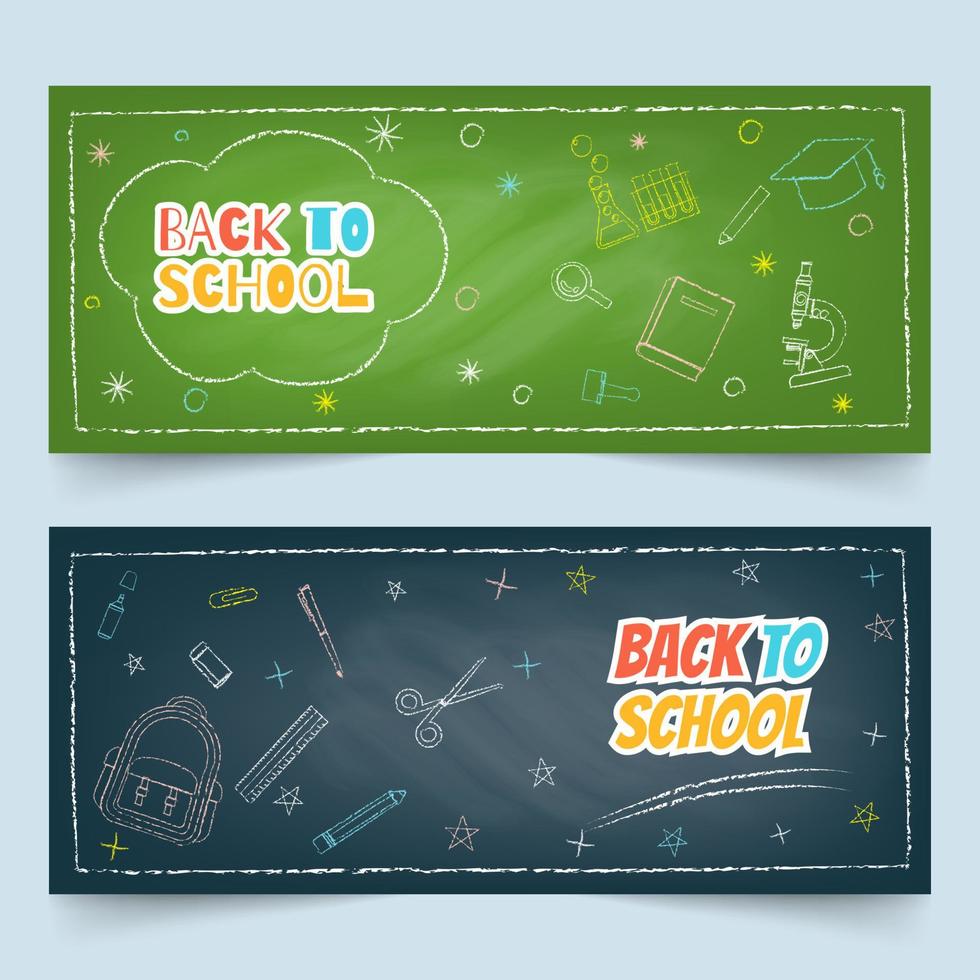 Back to school banners with chalk drawing of school elements on green and black textured chalkboard vector