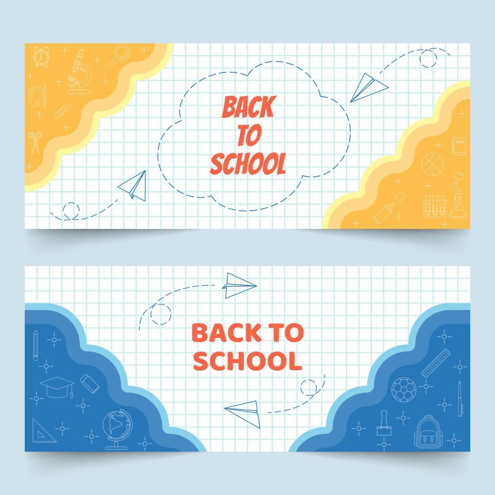 Back to school banners on white grid paper with school elements and paper planes line art vector