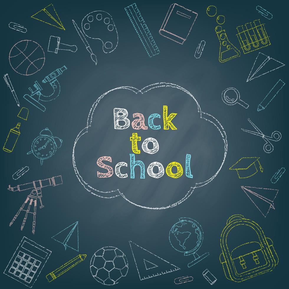 Back to school background with chalk drawing of school items on black chalkboard vector