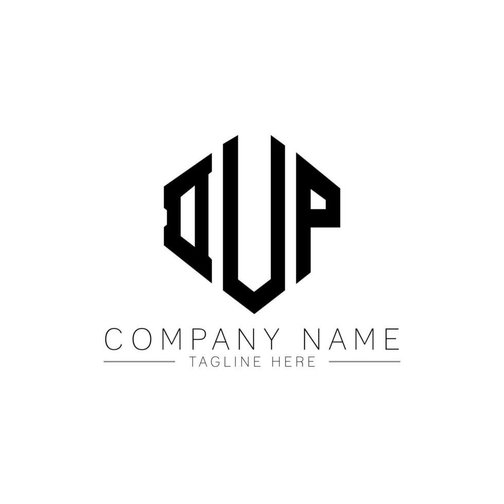 DUP letter logo design with polygon shape. DUP polygon and cube shape logo design. DUP hexagon vector logo template white and black colors. DUP monogram, business and real estate logo.
