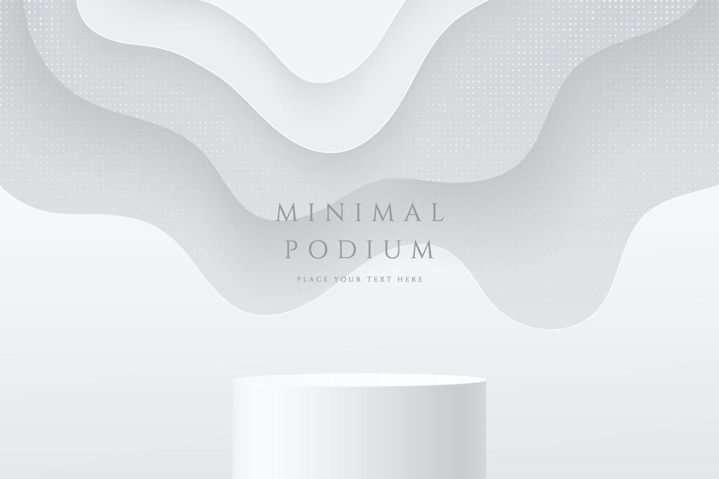 Abstract 3D room with realistic white cylinder stand or podium and white layers wavy shape background. Minimal scene for product display presentation. Vector geometric platform design. Stage showcase.