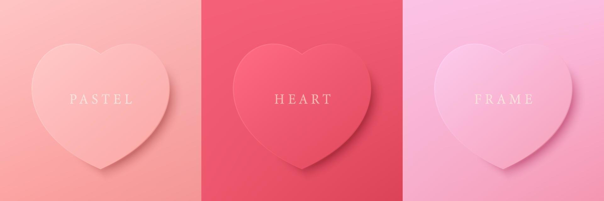 Set of pastel pink, and red 3D heart shape frame design. Elements for valentine day festival design. Collection of geometric backdrop for cosmetic product display. Top view. Vector illustration