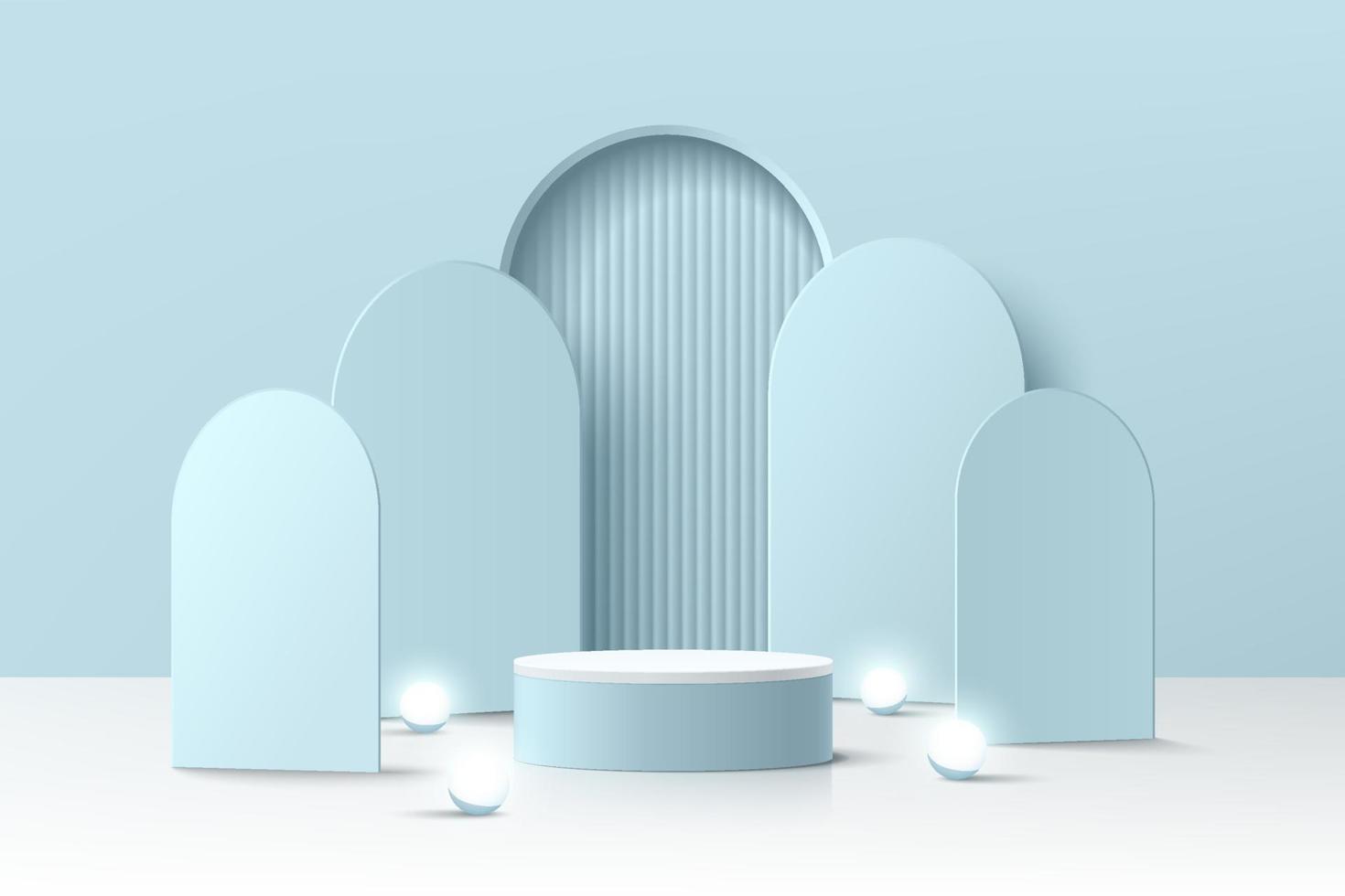 habitación 3d abstracta con podio de pedestal de cilindro azul realista y fondo en forma de arco, lámpara de bola. escena mínima para la presentación de productos. diseño de plataforma geométrica vectorial. escenario para escaparate. vector