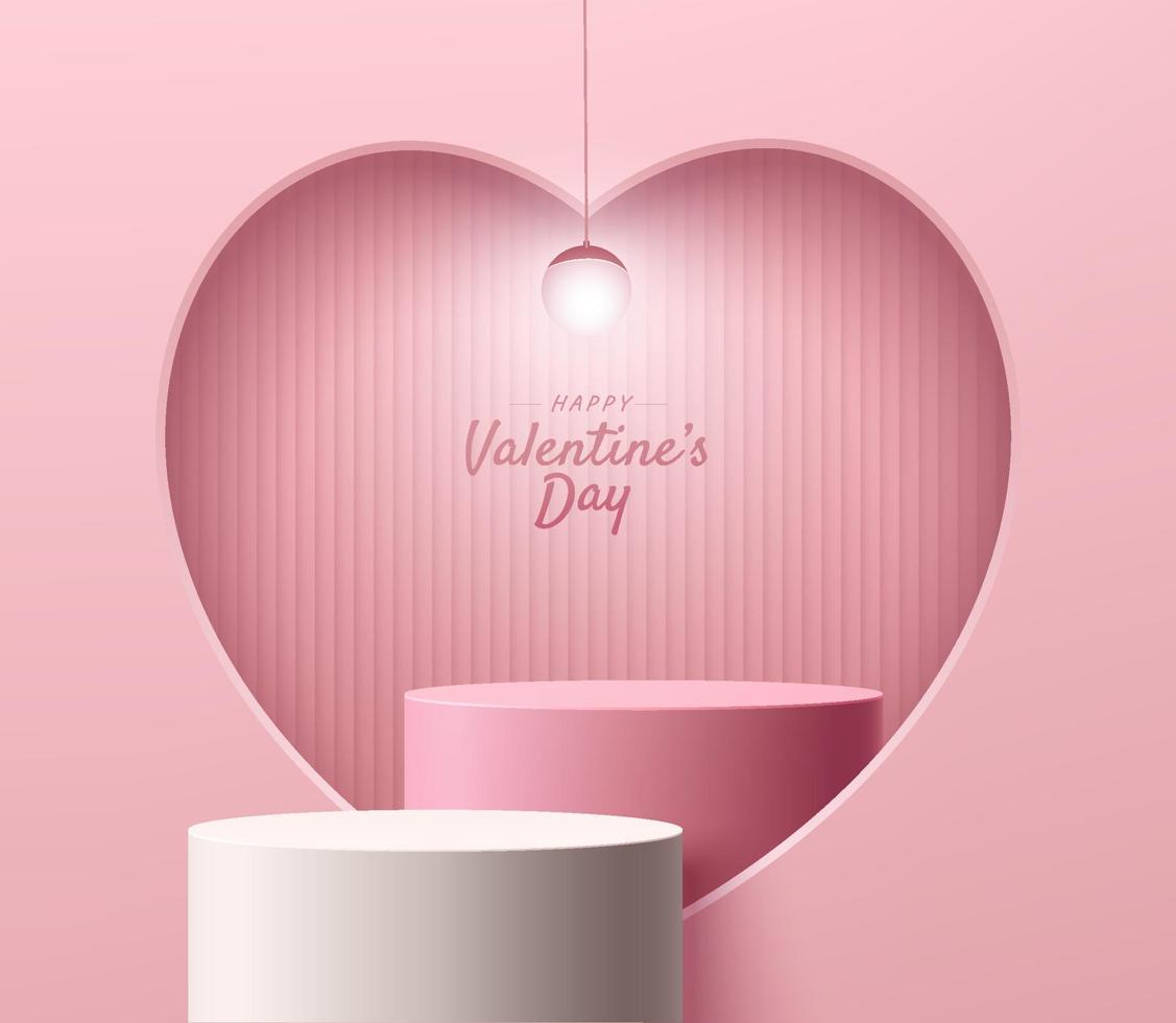 Abstract 3D pink room with realistic white cylinder stand or podium set in hearth shape window. Valentine day minimal scene for product display presentation. Vector geometric rendering platform design