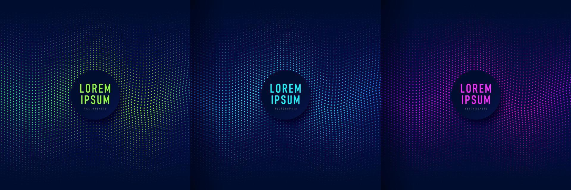 Set of abstract technology green, pink-red and blue particles wavy design 3D movement of sound dynamic on dark blue background. Modern futuristic curvy dotted lines concept. Vector illustration