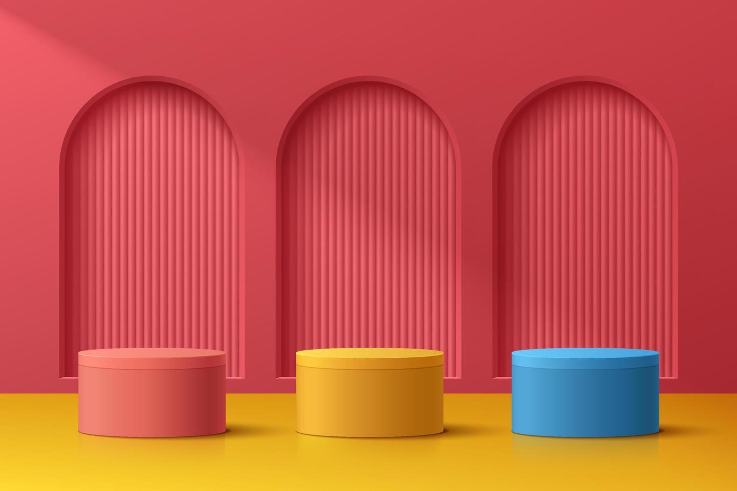 habitación 3d abstracta con podio de pedestal de cilindro azul, amarillo y rojo realista colocado en la puerta de arco rojo. escena mínima para la presentación de productos. diseño de plataforma geométrica vectorial. escenario para escaparate vector