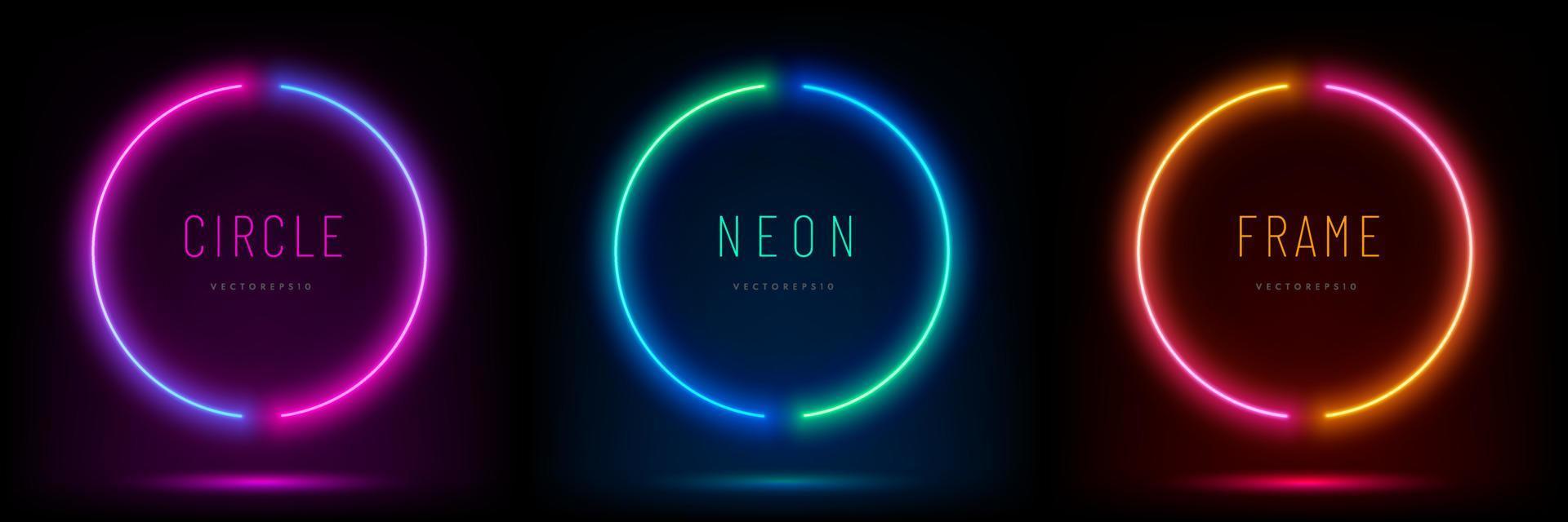 Set of blue, red-purple, green illuminate frame design. Abstract cosmic vibrant color circle backdrop. Collection of glowing neon lighting on dark background with copy space. Top view futuristic style vector