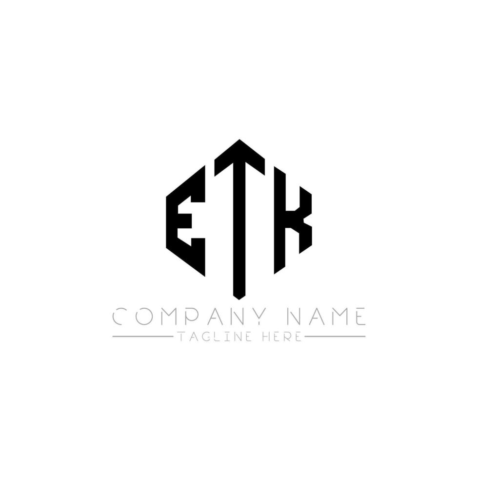 ETK letter logo design with polygon shape. ETK polygon and cube shape logo design. ETK hexagon vector logo template white and black colors. ETK monogram, business and real estate logo.