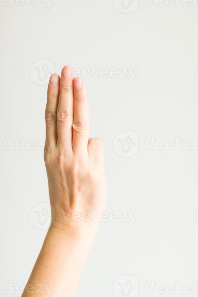 A hand sign with three fingers in scout meaning is swearing or salute. photo