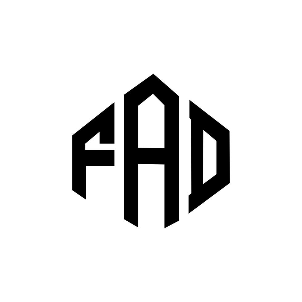 FAD letter logo design with polygon shape. FAD polygon and cube shape logo design. FAD hexagon vector logo template white and black colors. FAD monogram, business and real estate logo.