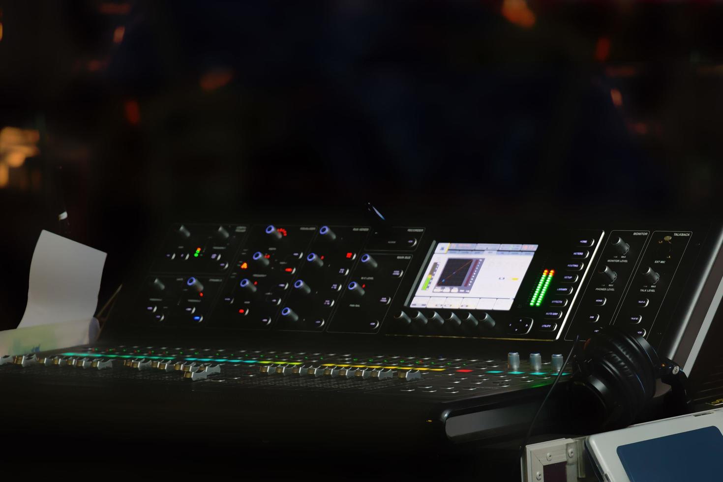 Set of digital studio sound and music mixer in blurry. photo