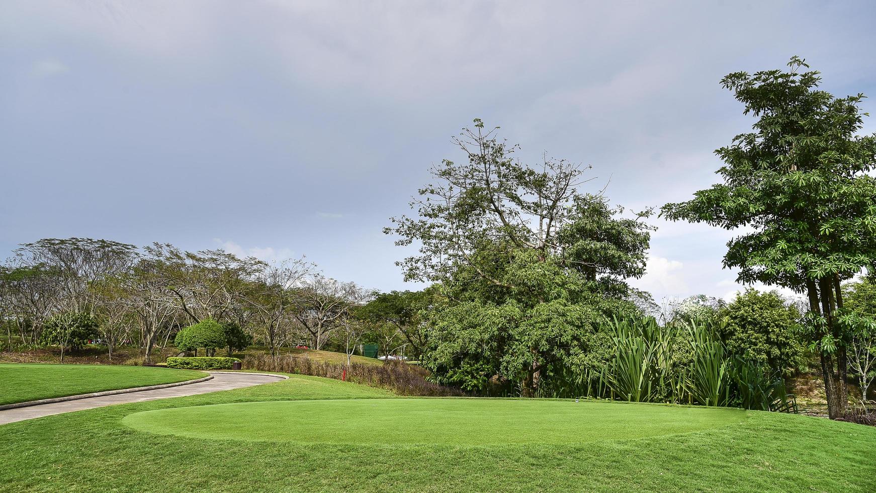 una vista del paisaje de hierba verde en el campo de golf, árboles grandes con fondo de cielo de luz solar foto