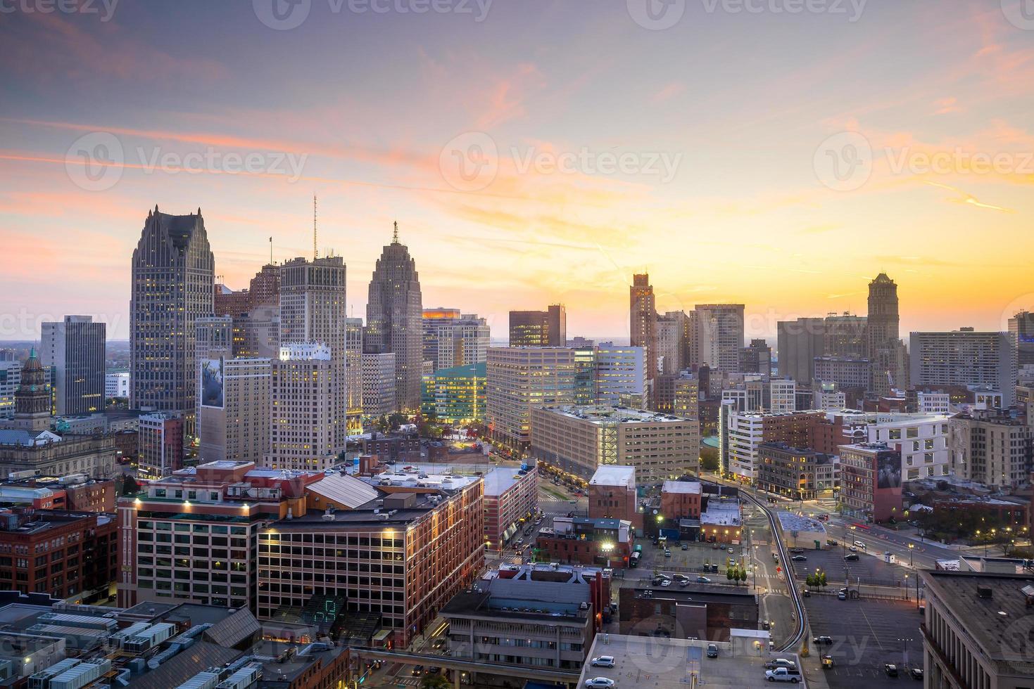 Aerial view of downtown Detroit at twilight photo