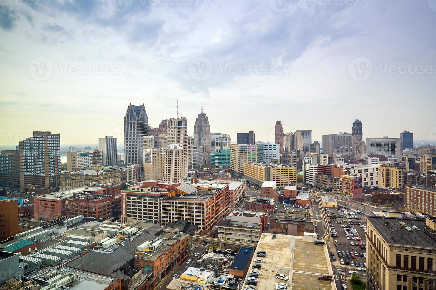 Aerial view of downtown Detroit at twilight photo