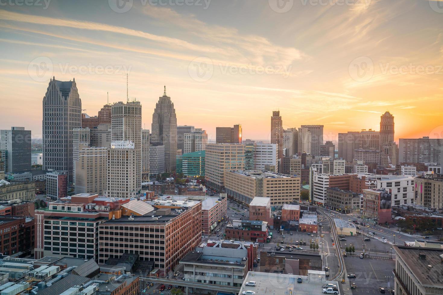 Aerial view of downtown Detroit at twilight photo