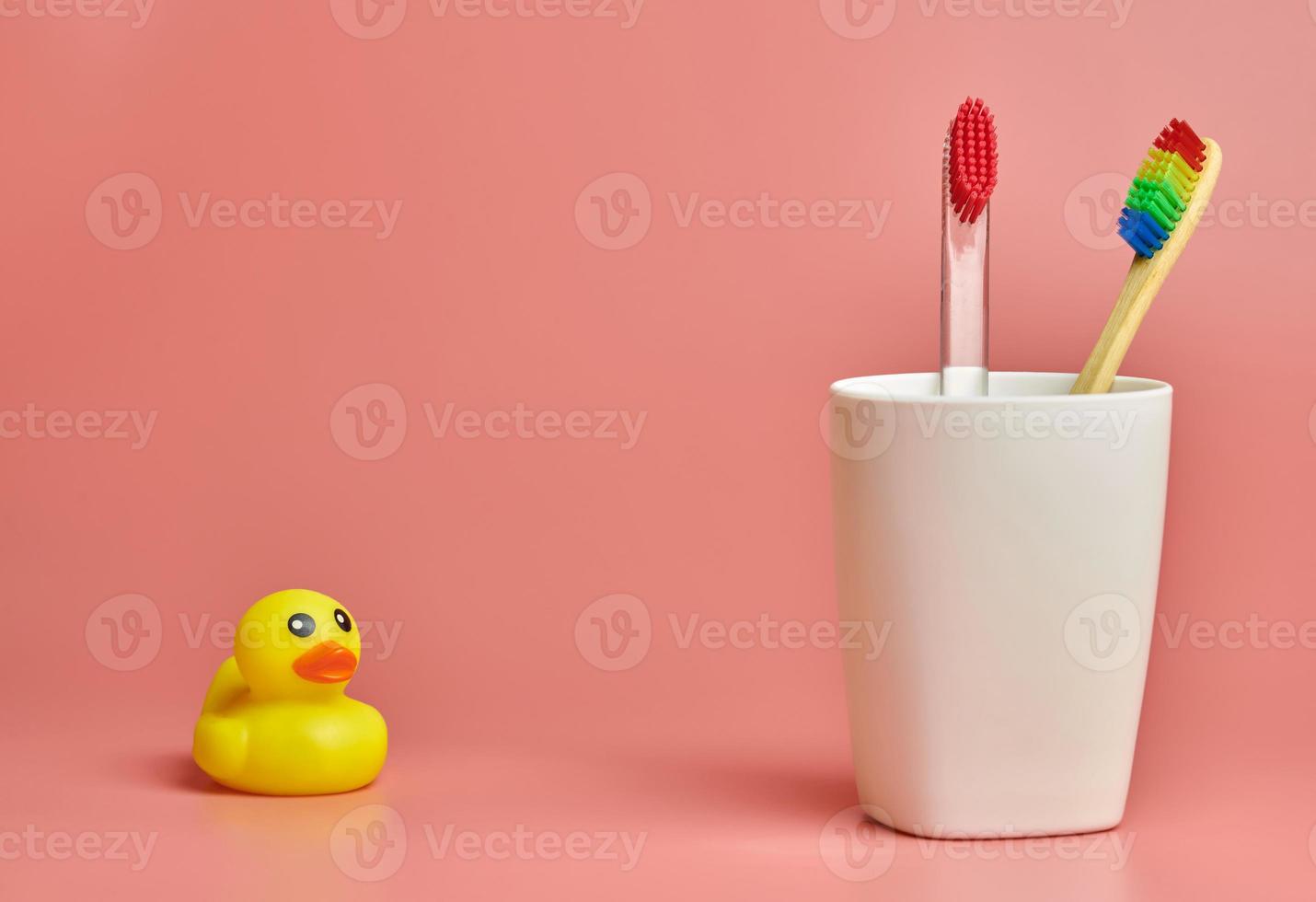 Two toothbrush and duck toy, copy space. Personal care tool for protect oral cavity, remove plaque and tartar. photo