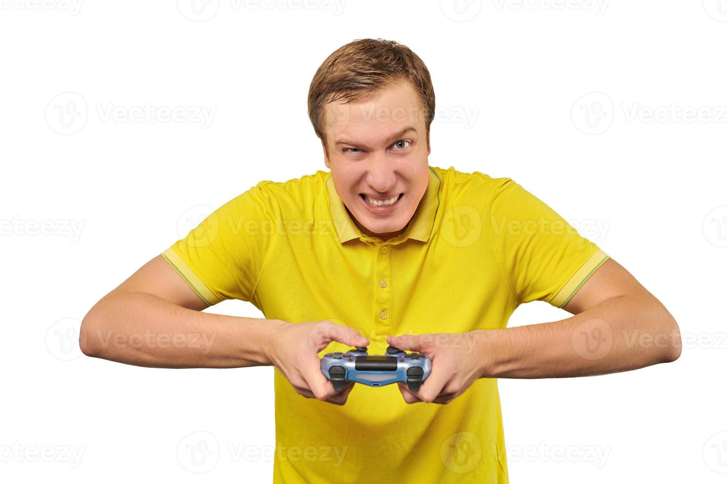 Funny handsome gamer with gamepad, excited video game player isolated on white background photo