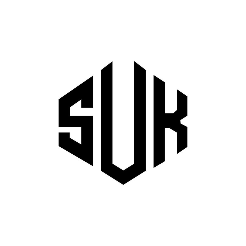 SUK letter logo design with polygon shape. SUK polygon and cube shape logo design. SUK hexagon vector logo template white and black colors. SUK monogram, business and real estate logo.