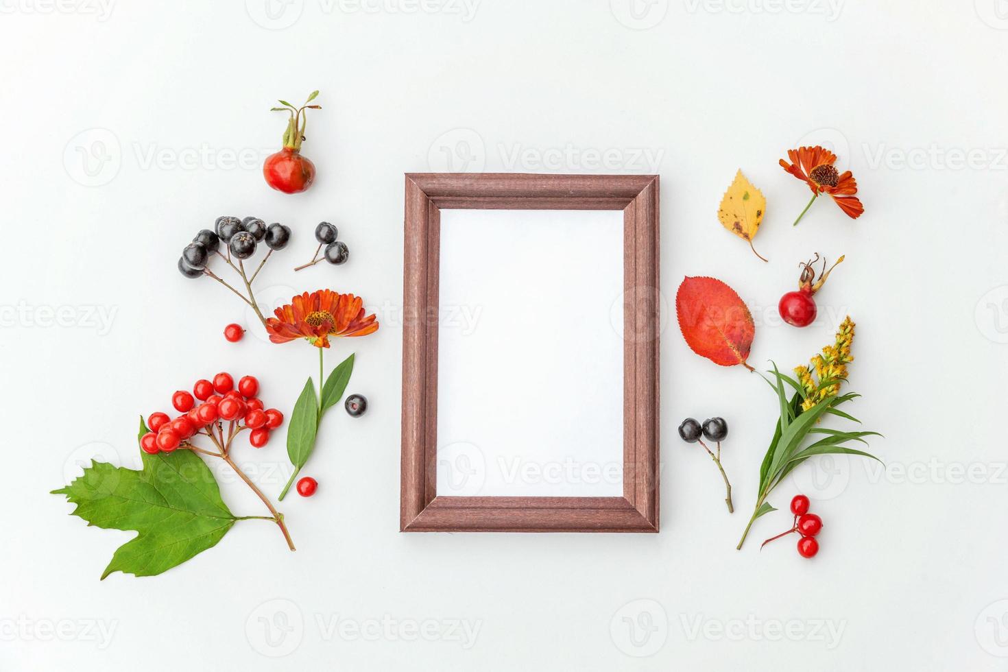 Autumn floral composition. Vertical frame mockup chokeberry rowan berries colorful leaves dogrose flowers on white background. Fall natural plants ecology concept. Flat lay top view, copy space photo