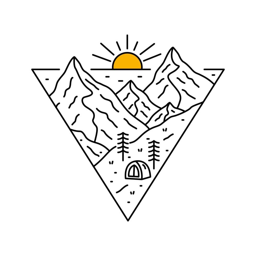 campamento en las montañas en diseño de arte de línea mono para placa, pegatina, parche, diseño de camiseta, etc. vector