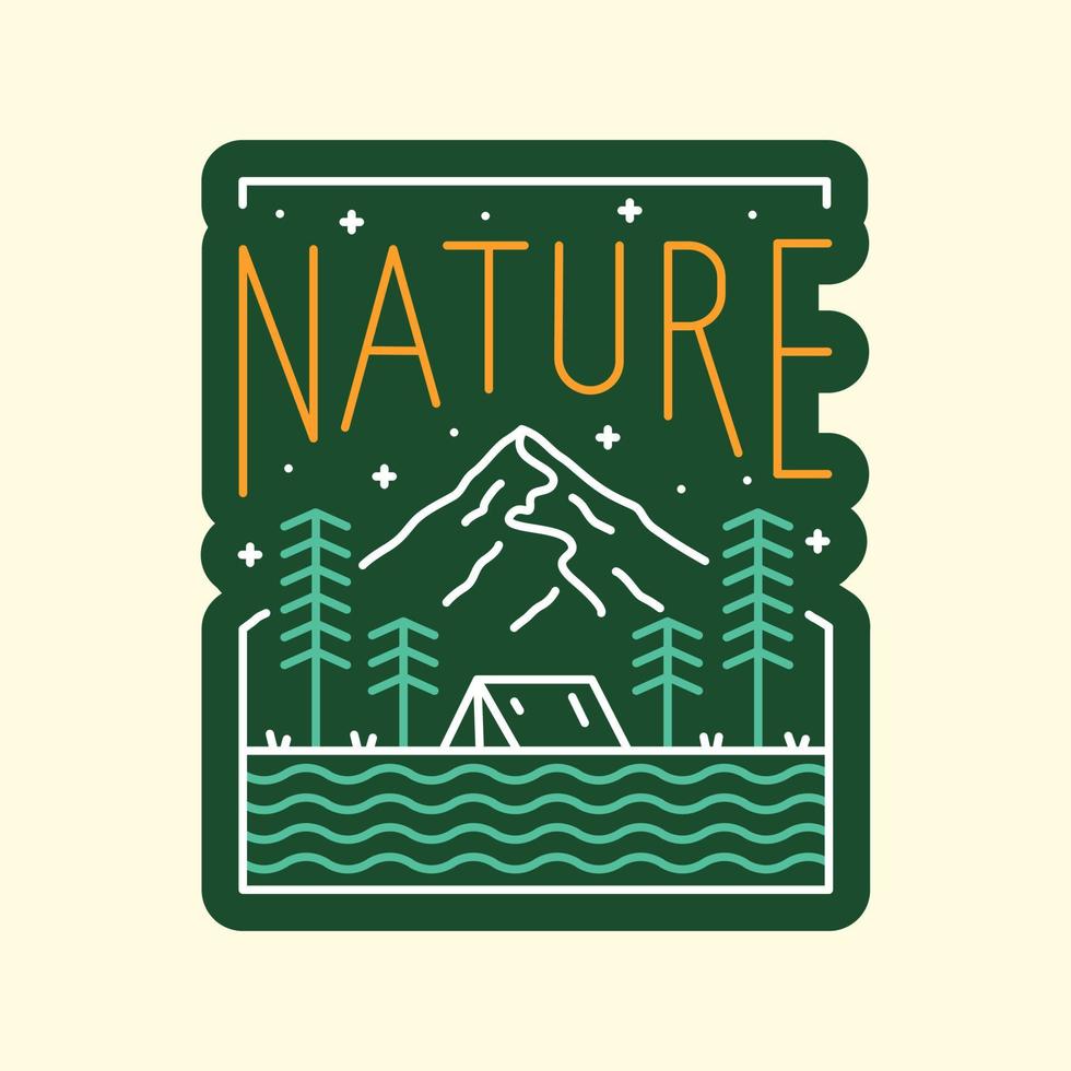 Camping on the nature mountain wildlife in mono line for badge patch emblem graphic vector art t-shirt design