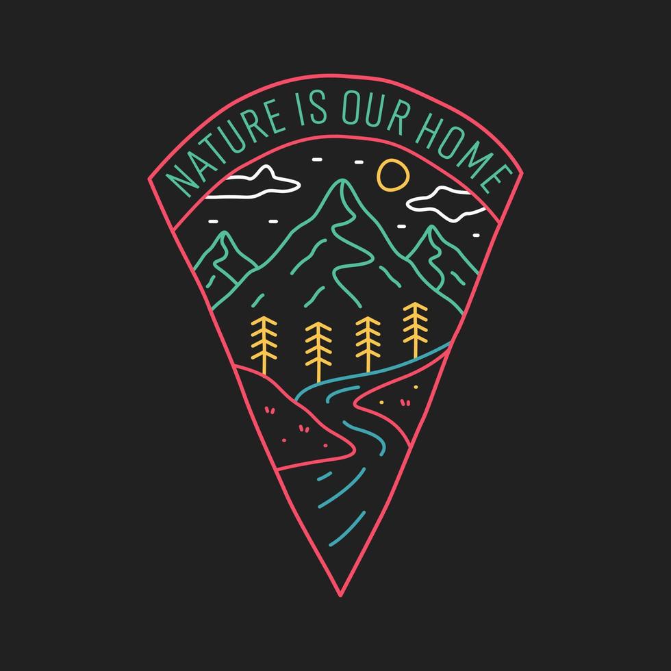 Nature is our home and mountain river in mono line for badge patch emblem graphic vector art t-shirt design