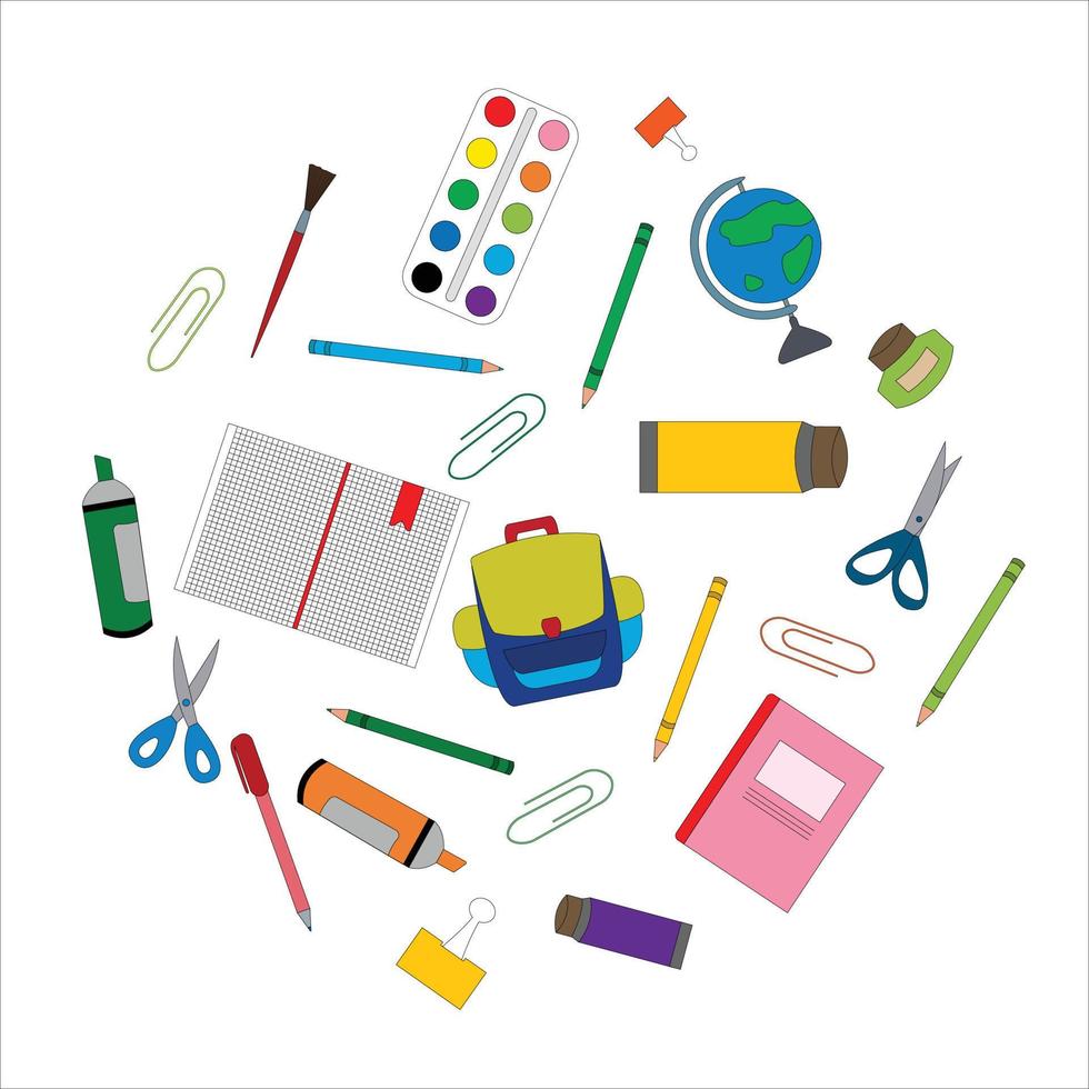 school background with a set of school supplies, vector illustration. Back to school