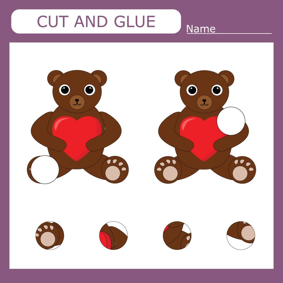 worksheet vector design, the task is to cut and glue a piece on bear.  Logic game for children.