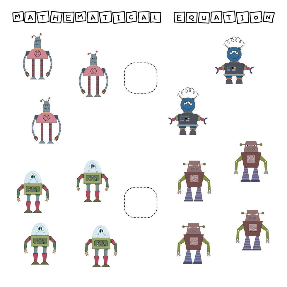 Developing activities for children, compare which more robots. Logic game for children, mathematical inequalities. vector