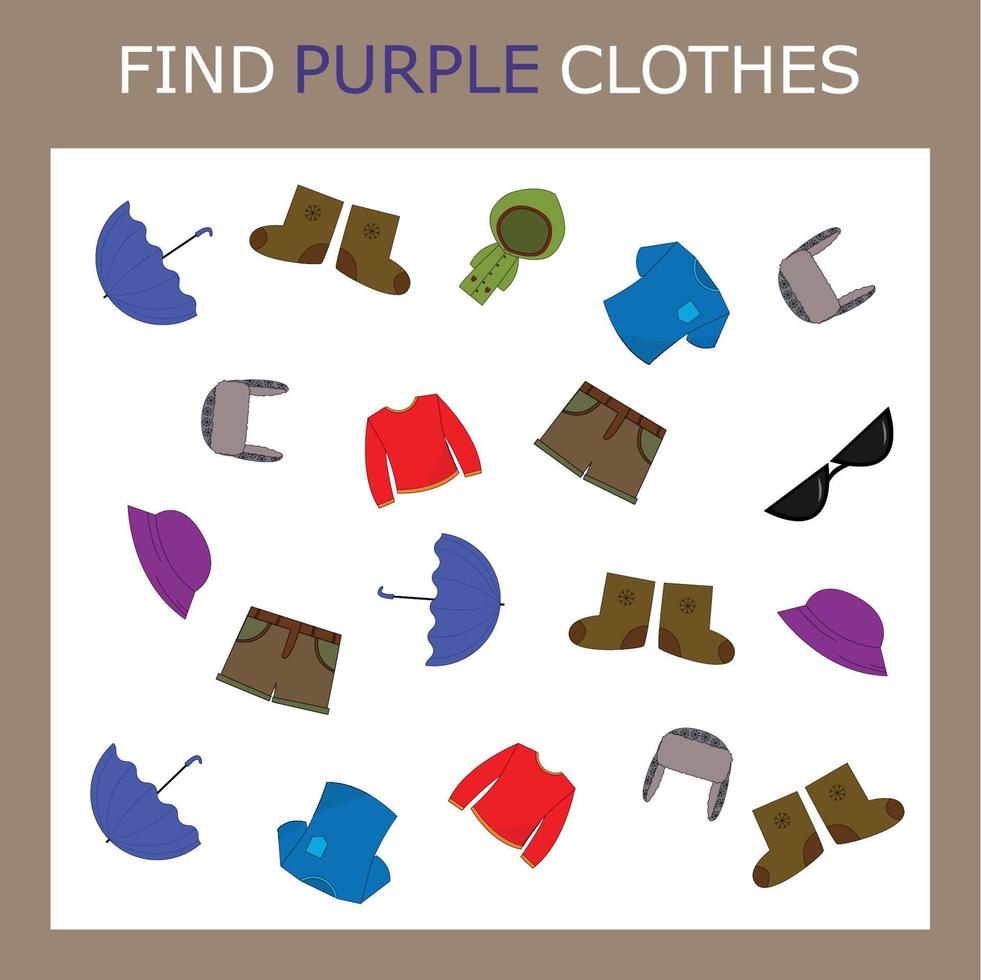 Find the purple  clothes character among others. Looking for green. Logic game for children. vector