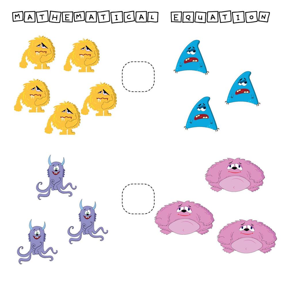 Developing activities for children, compare which more monsters.  Logic game for children, mathematical inequalities. vector