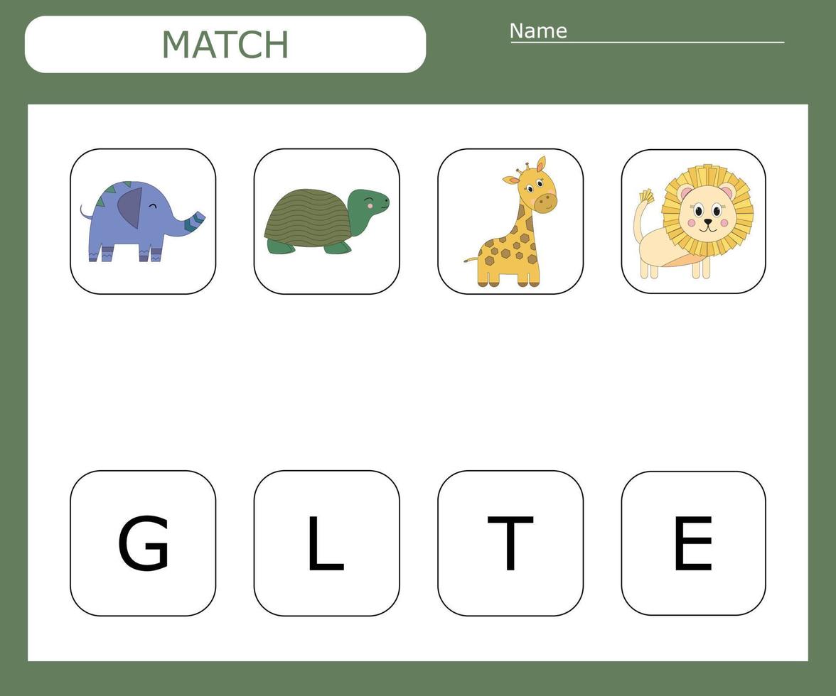 Find the first letter of the animals and connect. Educational game for children. vector