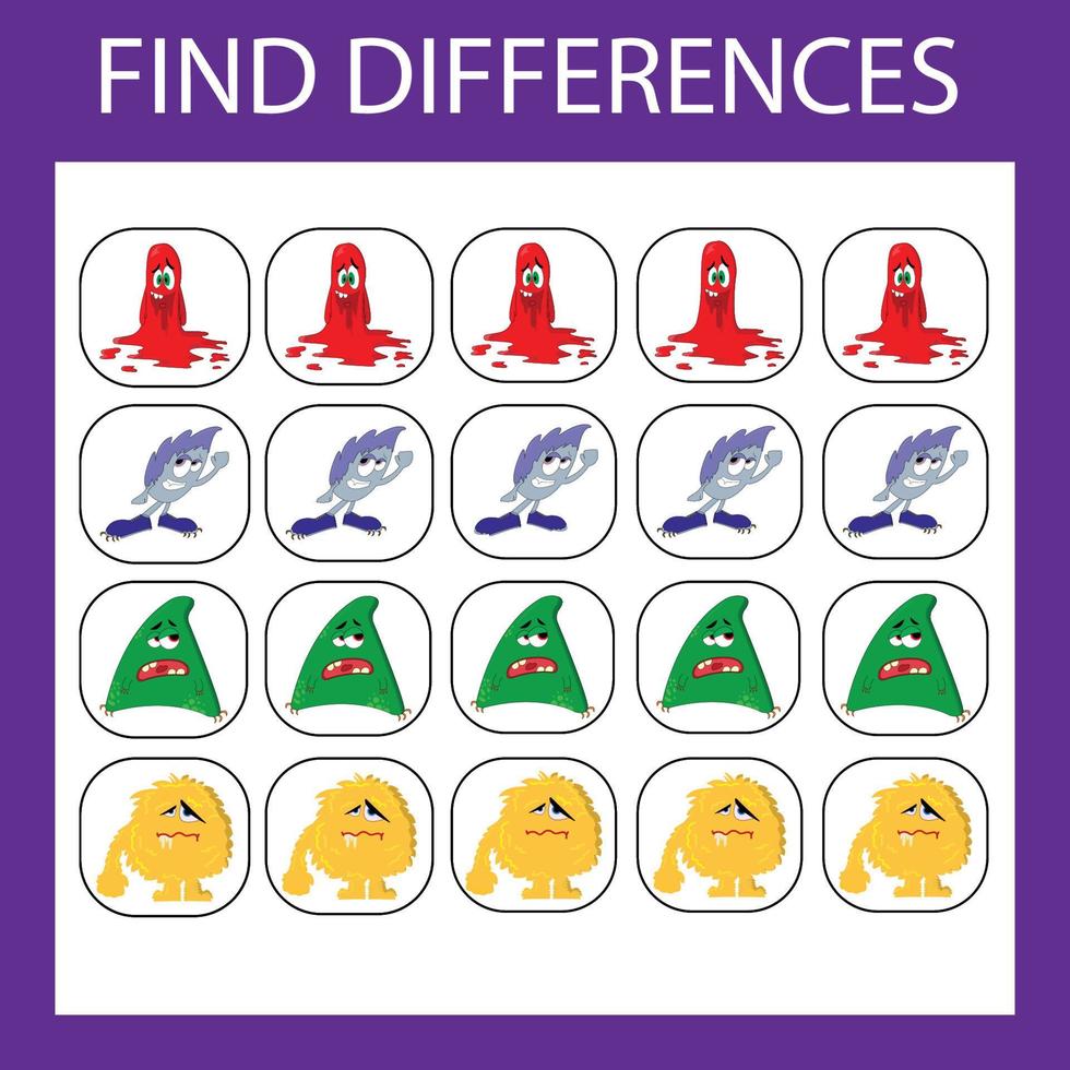 Developing activity for children   find the difference. Logic game for children. Find an extra monsters vector