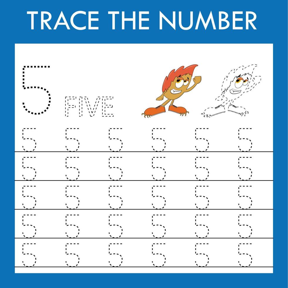 Number five  stroke worksheet with monsters for fine motor skills kids. Educational game for preschoolers. vector