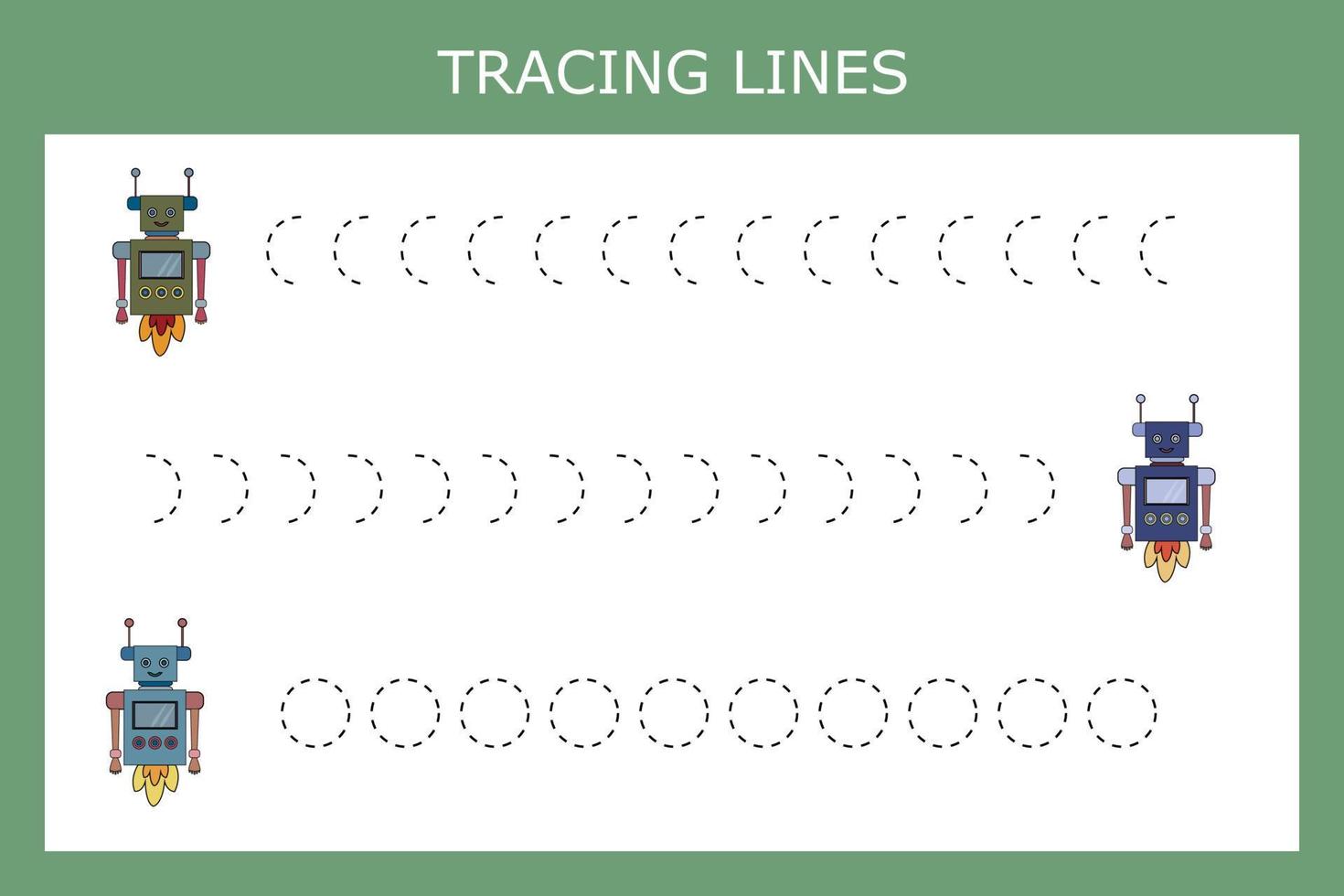 Trace line worksheet with robots for kids, practicing fine motor skills.  Educational game for preschool children. vector