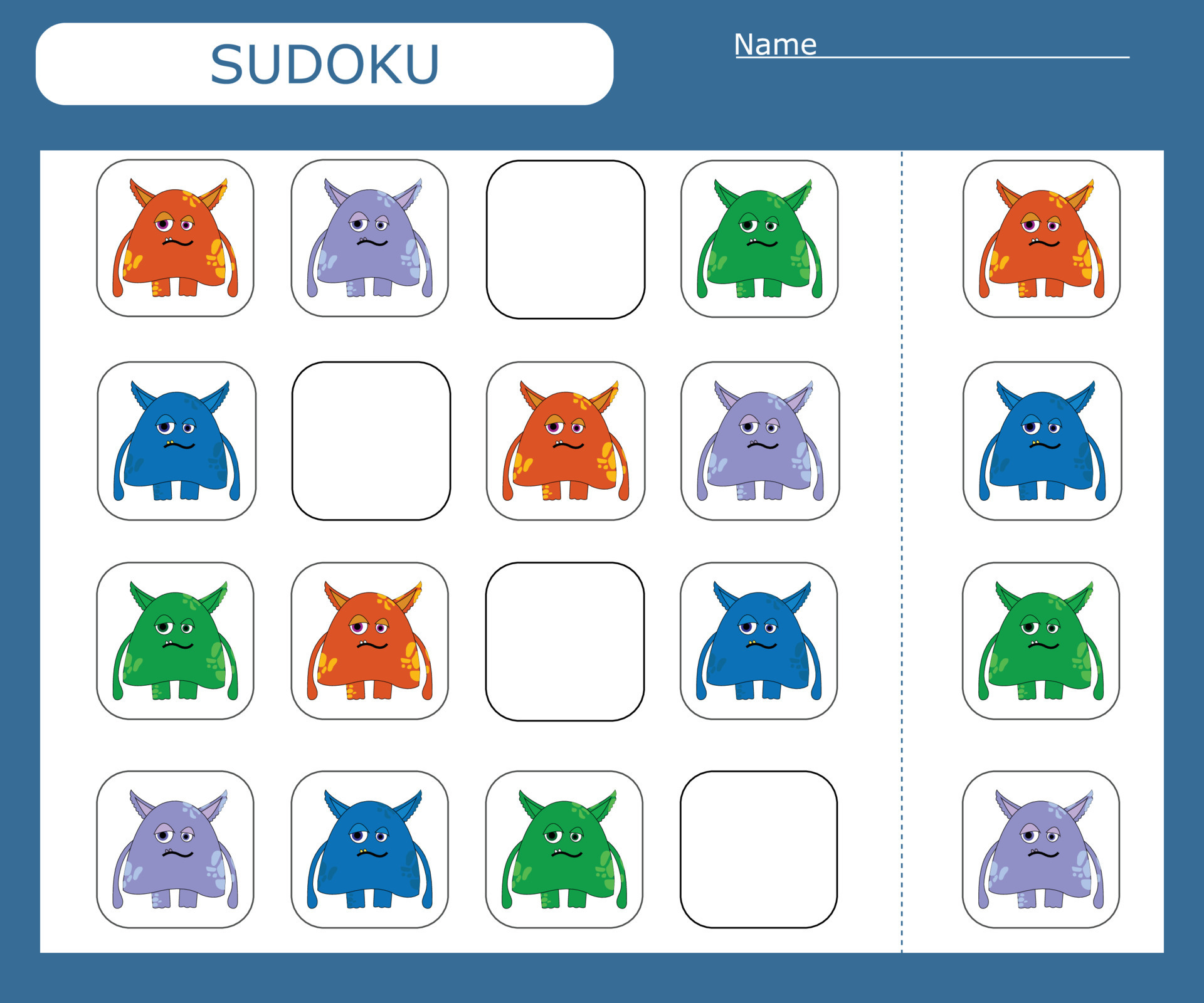 Perjudicial Literatura Cooperación juego de sudoku para niños con monstruos coloridos. hoja de actividades  para niños. web 9188932 Vector en Vecteezy