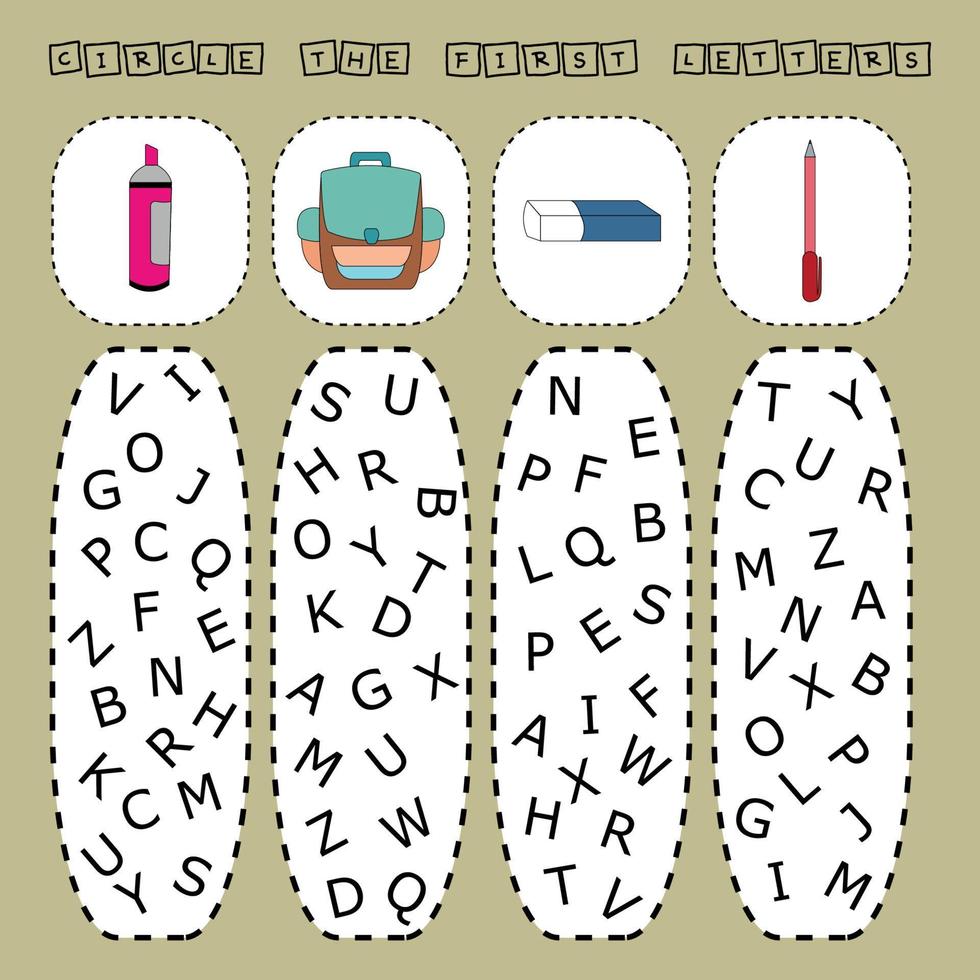 Find the first letter of the school suppliers.  Educational game for children. vector