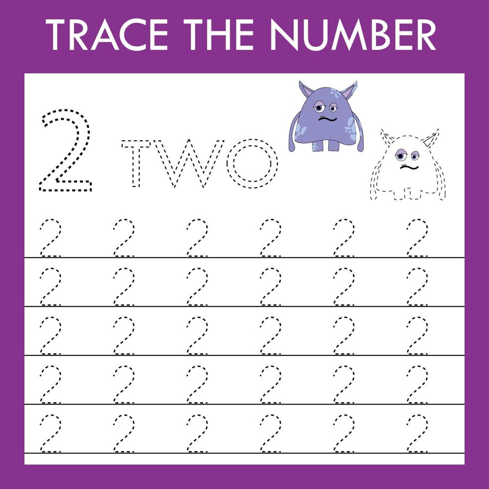 Number two  stroke worksheet with monsters for fine motor skills kids. Educational game for preschoolers. vector