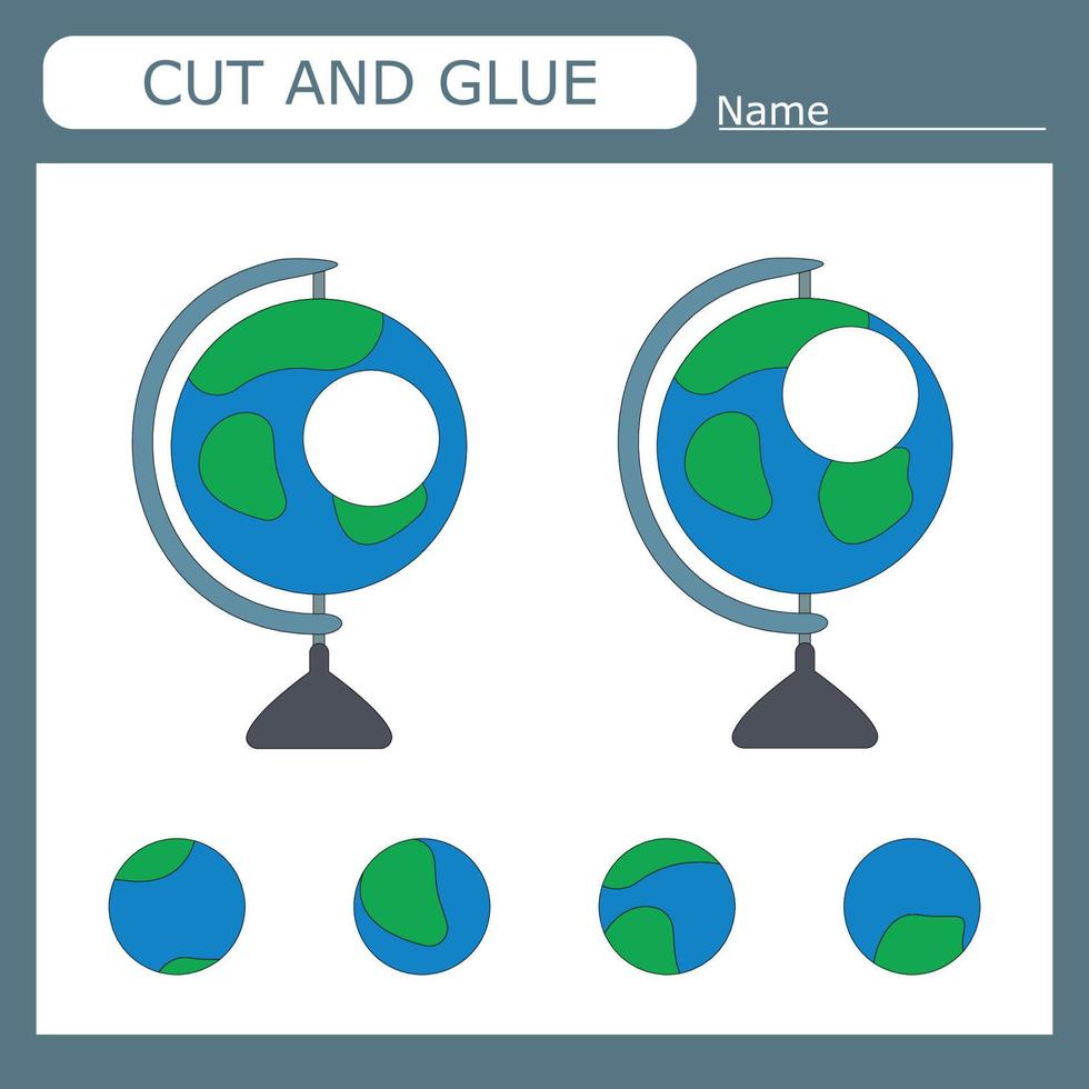 worksheet vector design, the task is to cut and glue a piece on  globe.  Logic game for children.