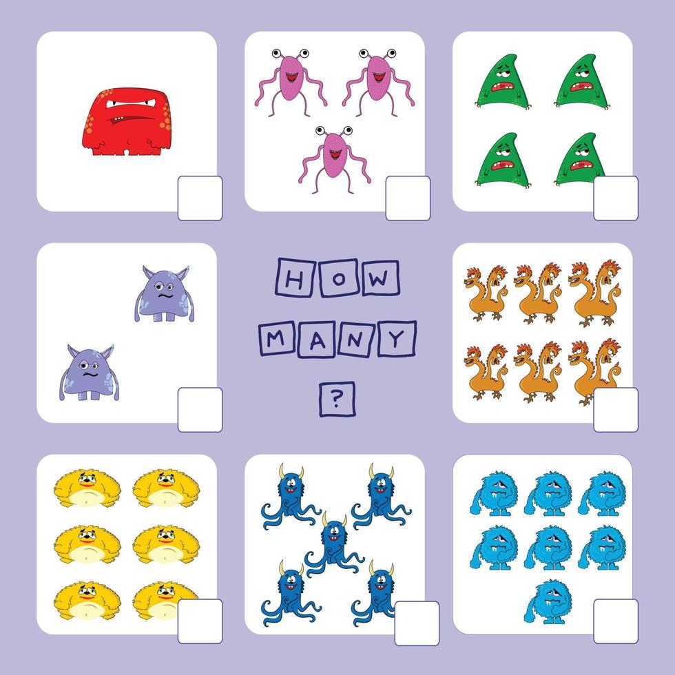 How many counting game with funny monsters . Preschool worksheet, kids activity sheet, printable worksheet vector