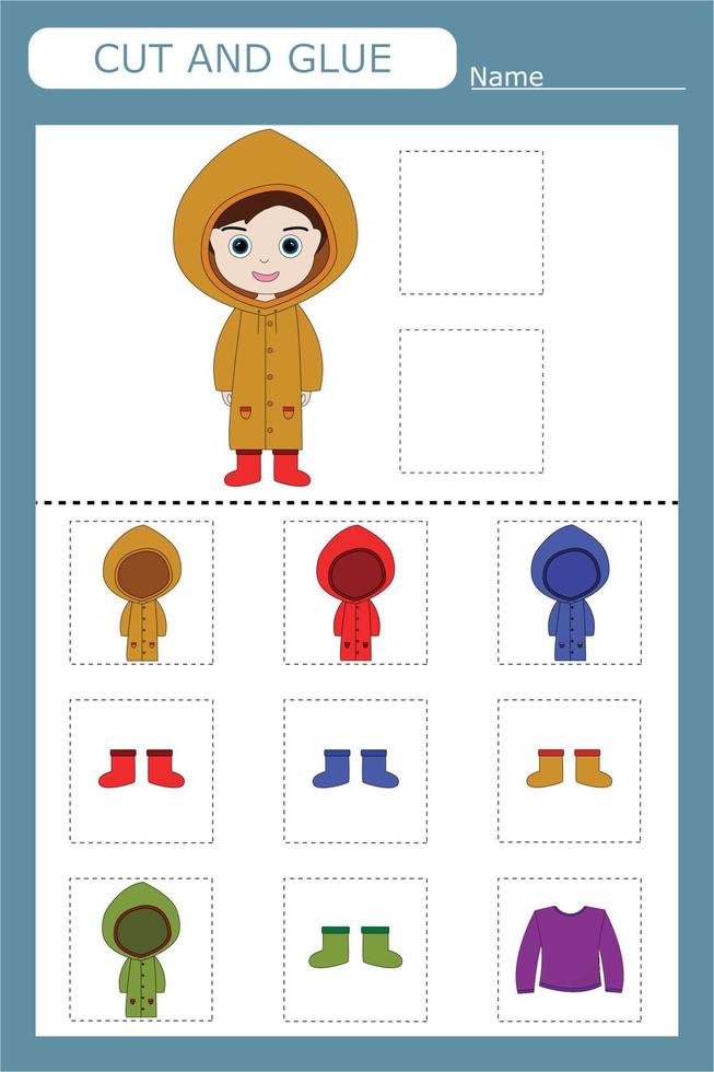 Cut out the pictures of the clothes and glue the ones that match the pattern. Fun game for kids and kids vector