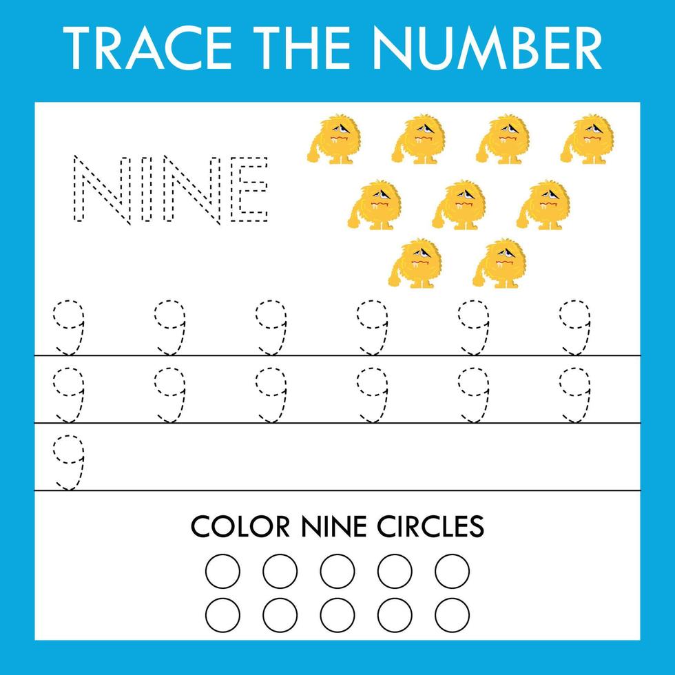 Trace line , number worksheet with monsters for kids, practicing fine motor skills.  Educational game for preschool children. vector